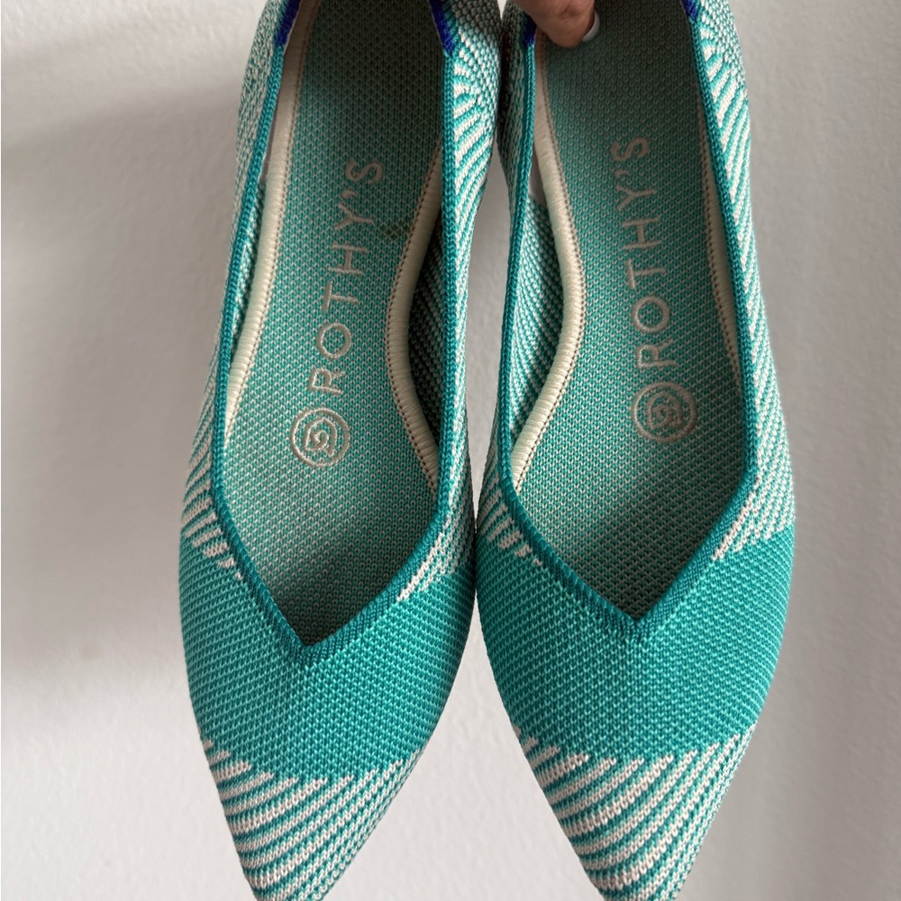 Rothy's Aqua and White Flats